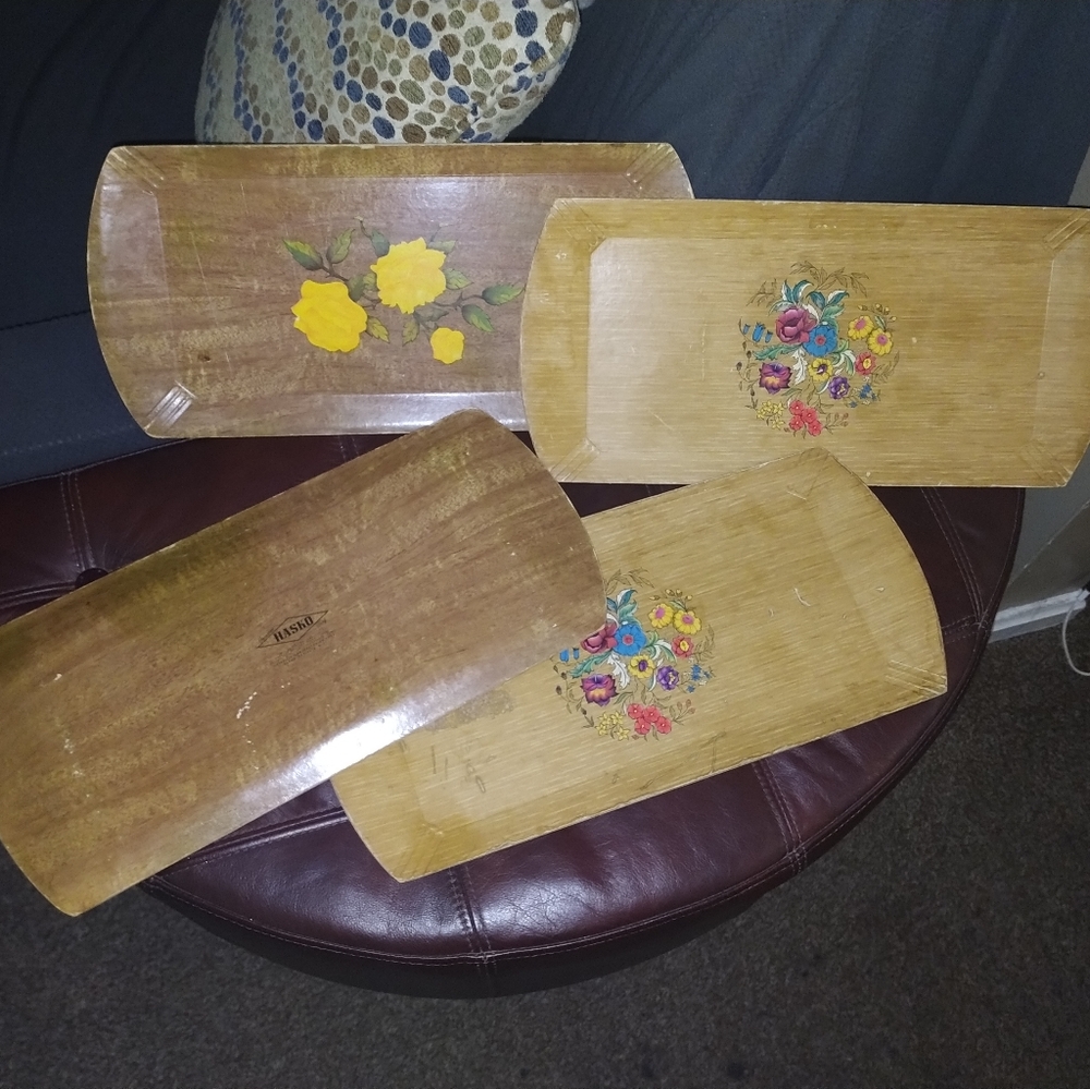 Mid century art deco vintage wood trays by Hasco set of 4